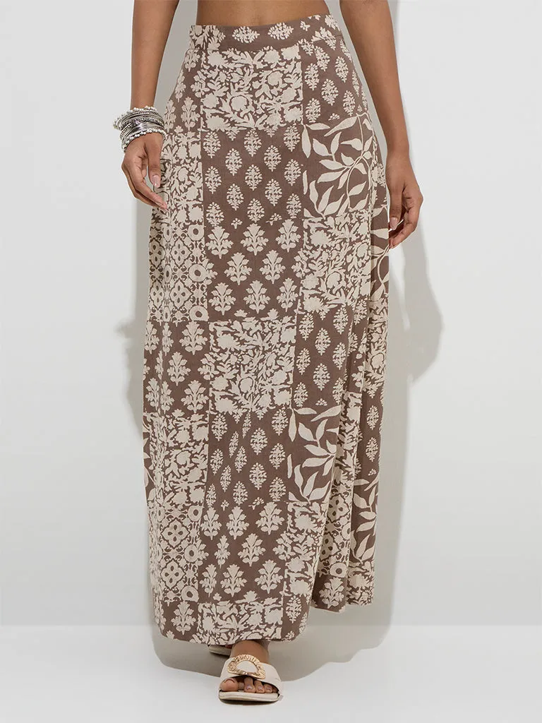 Utsa Taupe Floral Design Wrap-Style Cotton-Blend Skirt