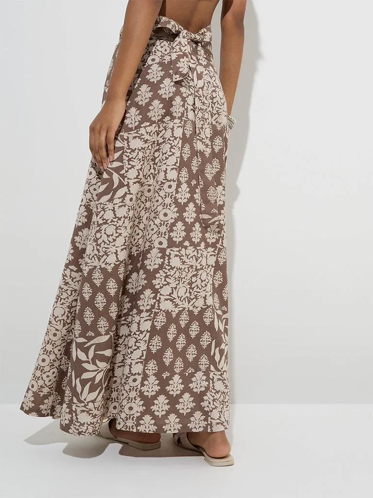 Utsa Taupe Floral Design Wrap-Style Cotton-Blend Skirt