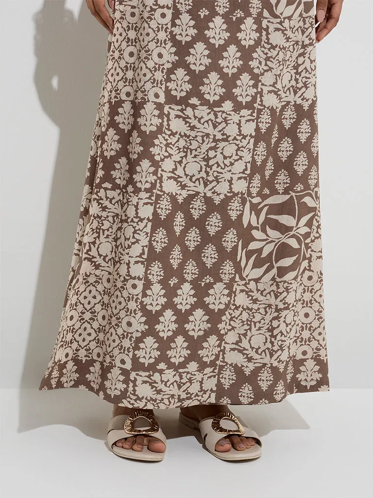 Utsa Taupe Floral Design Wrap-Style Cotton-Blend Skirt
