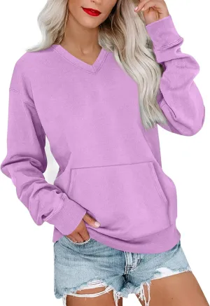 V Neck Sweatshirt Women No Hood Pocket Oversized Comfy Hoodie Y2k Soft Plain Fleece Pullover Cute Sweatshirts