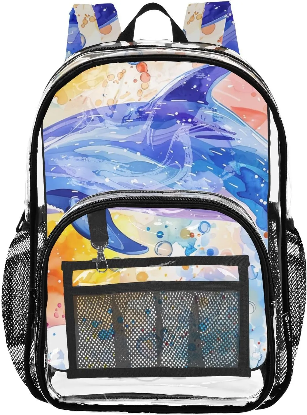 Vibrant Dolphin Clear Plastic Backpack - Transparent PVC Heavy Duty Bag with Large Main Pocket and Mesh Pockets - Ideal for School, Travel, Outings - Clear Backpack for Everyday Use