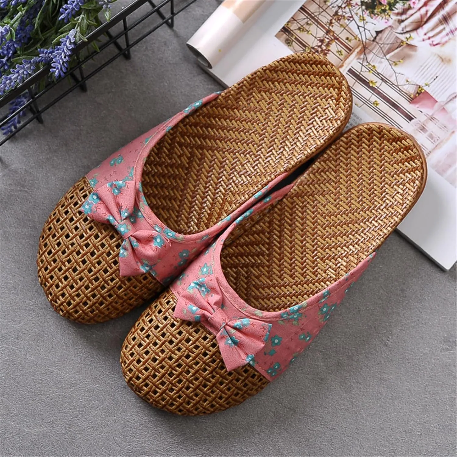Vine Grass Linen Flax Woven Tatami Anti Slip No Slip Non Skid Breathable Sweat Wicking Bamboo Summer Slide Sandals Closed Toe Indoor Slippers for Women Men Grass Mat Rubber Soles