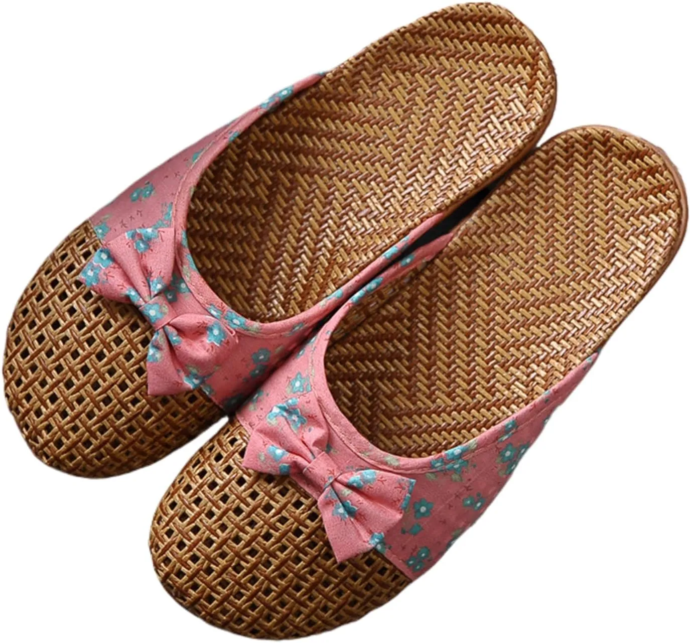 Vine Grass Linen Flax Woven Tatami Anti Slip No Slip Non Skid Breathable Sweat Wicking Bamboo Summer Slide Sandals Closed Toe Indoor Slippers for Women Men Grass Mat Rubber Soles