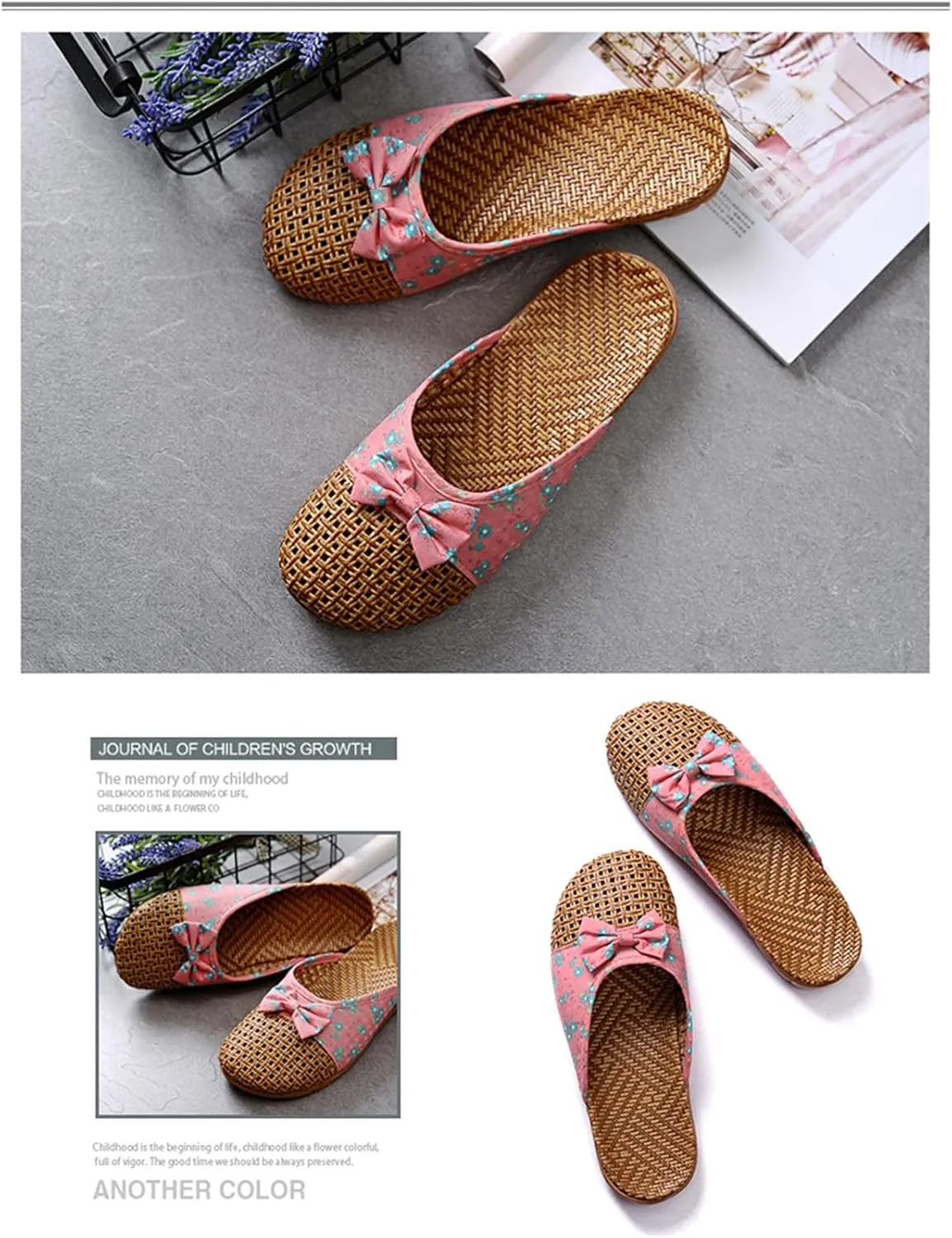 Vine Grass Linen Flax Woven Tatami Anti Slip No Slip Non Skid Breathable Sweat Wicking Bamboo Summer Slide Sandals Closed Toe Indoor Slippers for Women Men Grass Mat Rubber Soles