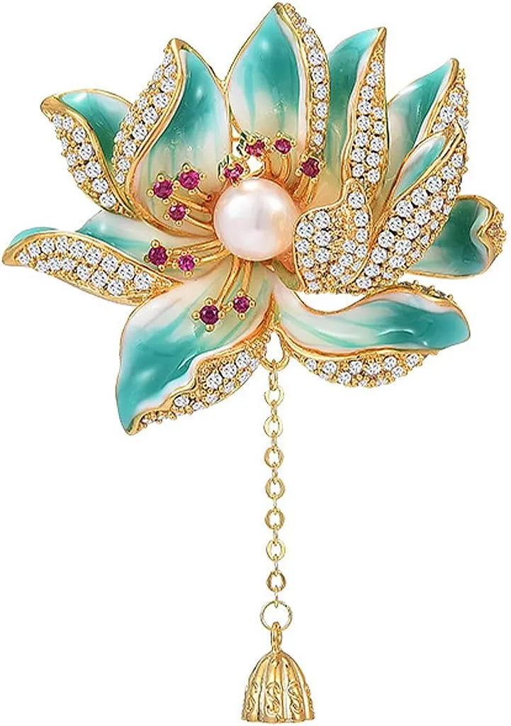 Vintage Enamel Lotus Flower Brooch Pins for Women Chinese Style Lotus Pin Broach Jewelry with Freshwater Pearl