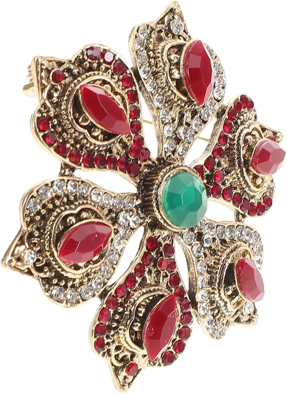 Vintage Flower Brooch Pin Boho Dainty Rhinestone Brooch for Women Dress Party Jewelry Baroque Crystal Lapel Pin Gold-red Unique Statement Piece
