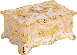 Vintage Metal Jewelry Box Small Trinket Jewelry Storage Box, Vintage Rectangle Trinket Jewelry Box Treasure Chest Box Jewelry Decorative Box Women Girls (Gold White)