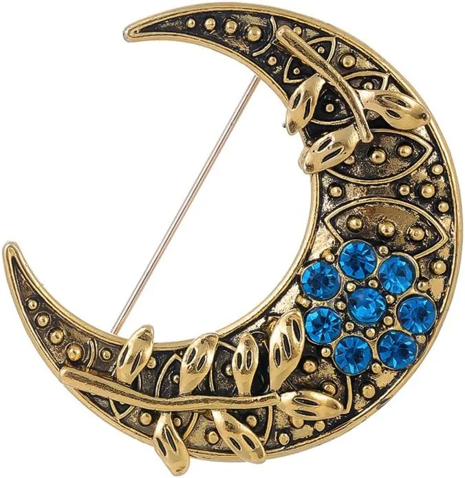 Vintage Moon Brooch Pin for Women Blue Rhinestone Crescent Leaf Lapel Pins Elegant Christmas Thanksgiving Brooches Clothing Shirt Badge Suit Coat Accessory Jewelry