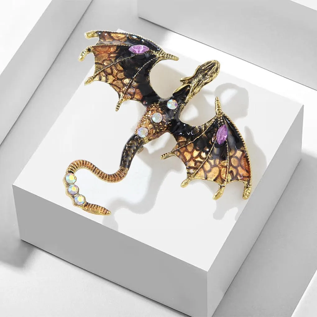 Vintage Punk Enamel Dragon Brooch for Women Men Rhinestone Flying Dragon Brooch Pin Crystal Animal Dinosaur Wings Pin Clothing Hat Bag Accessories
