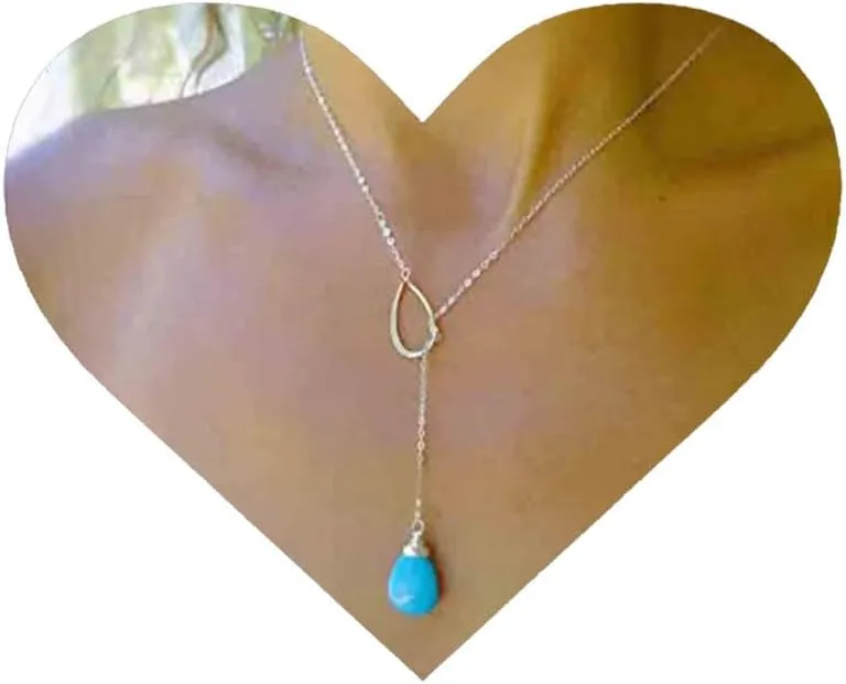 Vintage Turquoise Drop Y Necklace Karma Circle Necklace Teardrop Turquoise Y Lariat Necklace Silver Hollow Circle Choker Necklace Jewelry for Women