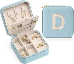 Vlando Travel Essentials for Women Jewelry Box, Travel Accessories for Teen Girl Trendy Stuff, Necklace Organizer Earrings Ring Organizer, Travel Must Have Jewelry Organizer - Letter D, Blue