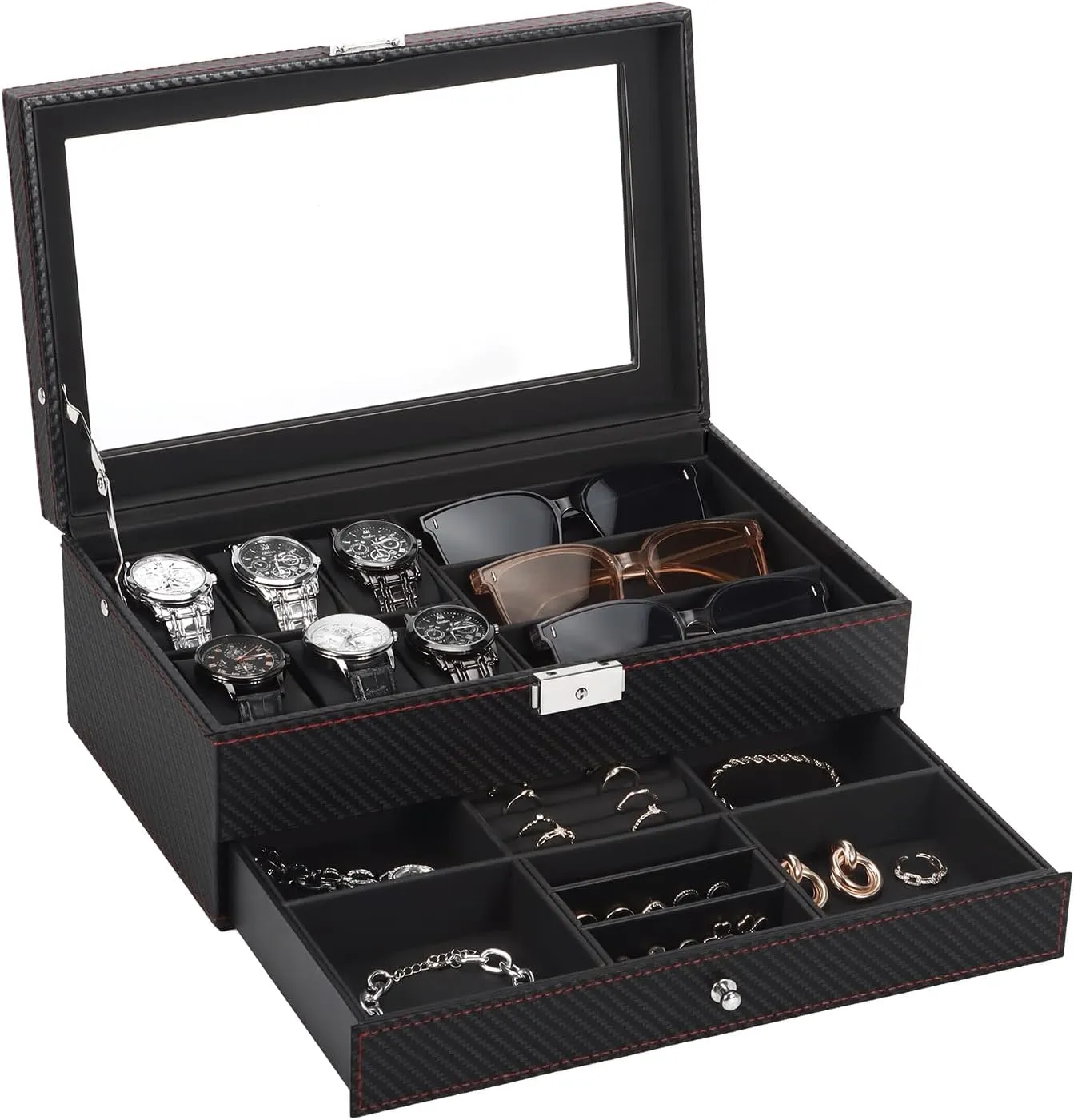 Watch Box, Leather Mens Jewelry Box With 6 Slot Watch Case & 3 Slot Sunglasses Organizer, 2 Layers Lockable Watch Holder Organizer With Glass Lid For Earrings, Rings, Bracelets, Gifts for Men