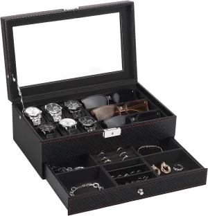 Watch Box, Leather Mens Jewelry Box With 6 Slot Watch Case & 3 Slot Sunglasses Organizer, 2 Layers Lockable Watch Holder Organizer With Glass Lid For Earrings, Rings, Bracelets, Gifts for Men