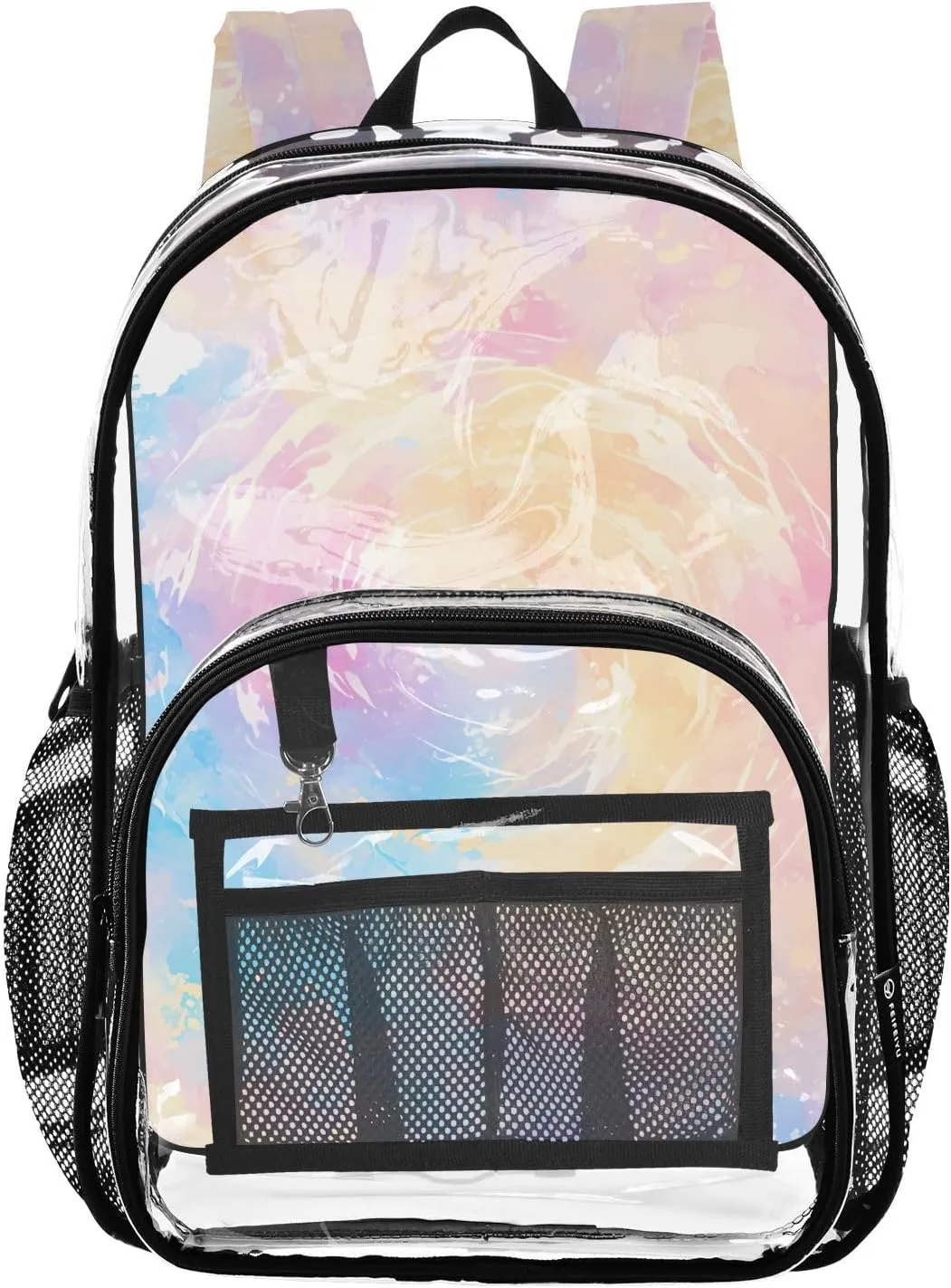 Watercolor Cycle Clear Plastic Backpack - Transparent PVC Heavy Duty Bag with Large Main Pocket and Mesh Pockets - Ideal for School, Travel, Outings - Clear Backpack for School and Everyday Use