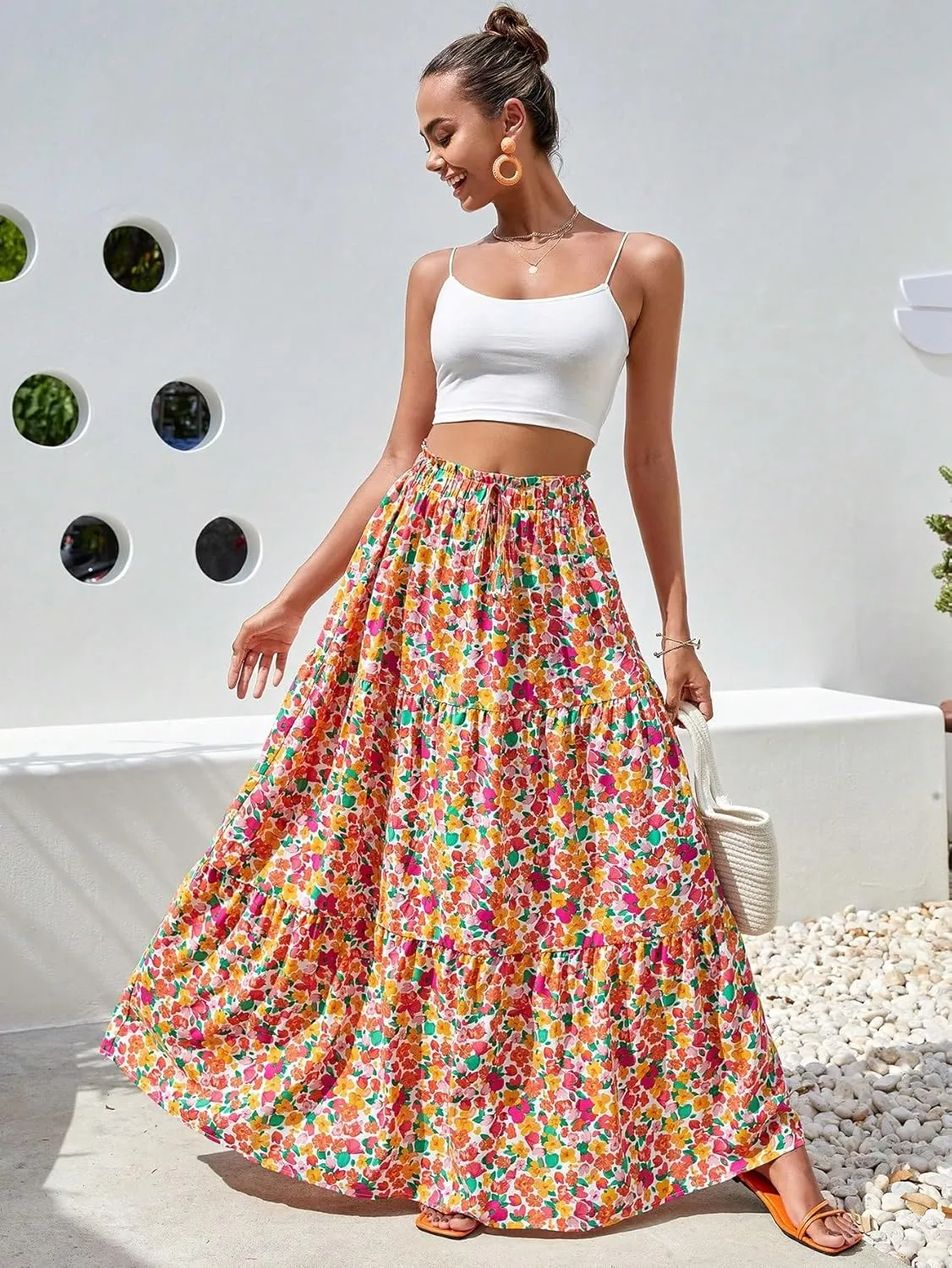 WDIRARA Women's Floral Print Paperbag Waist Tie Front Layered Ruffle Hem Boho Maxi Skirt