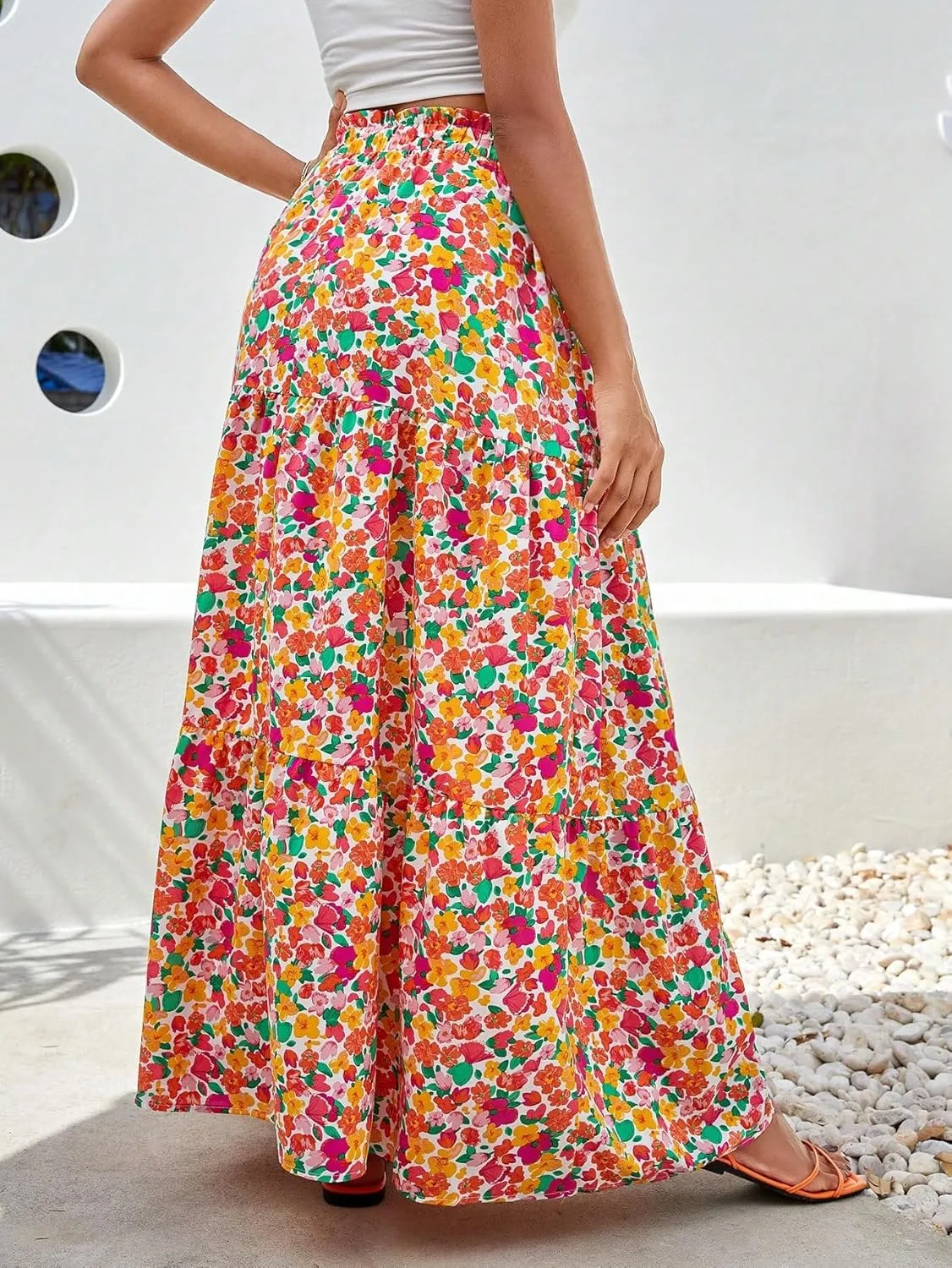 WDIRARA Women's Floral Print Paperbag Waist Tie Front Layered Ruffle Hem Boho Maxi Skirt
