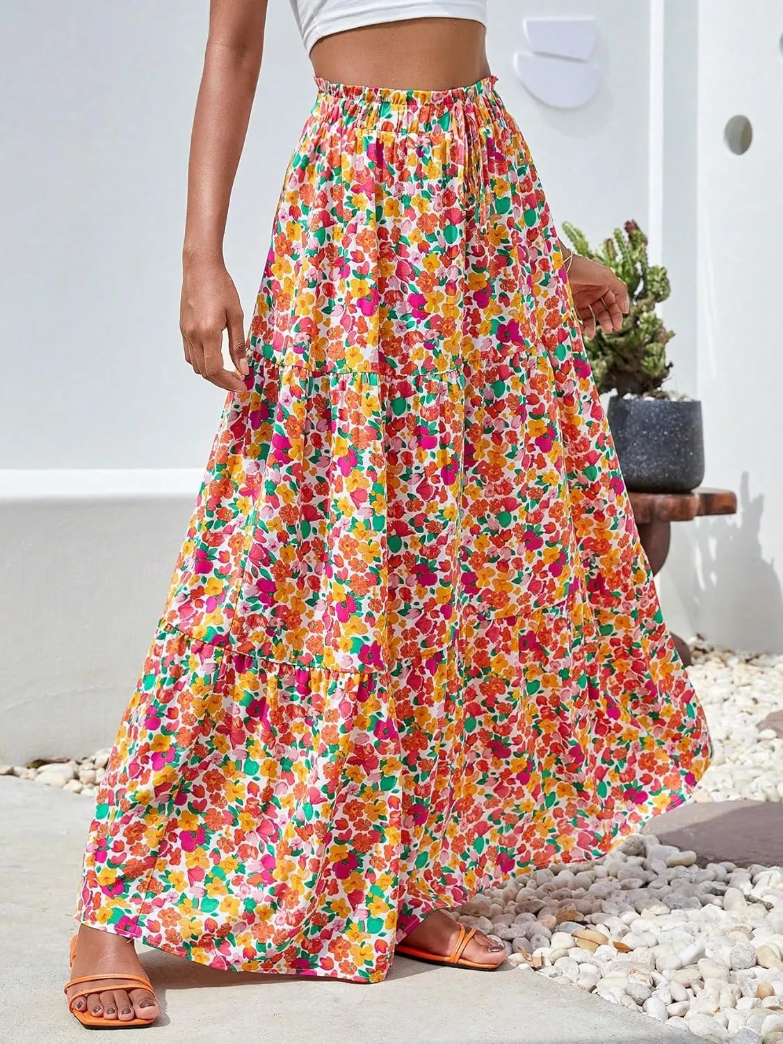 WDIRARA Women's Floral Print Paperbag Waist Tie Front Layered Ruffle Hem Boho Maxi Skirt