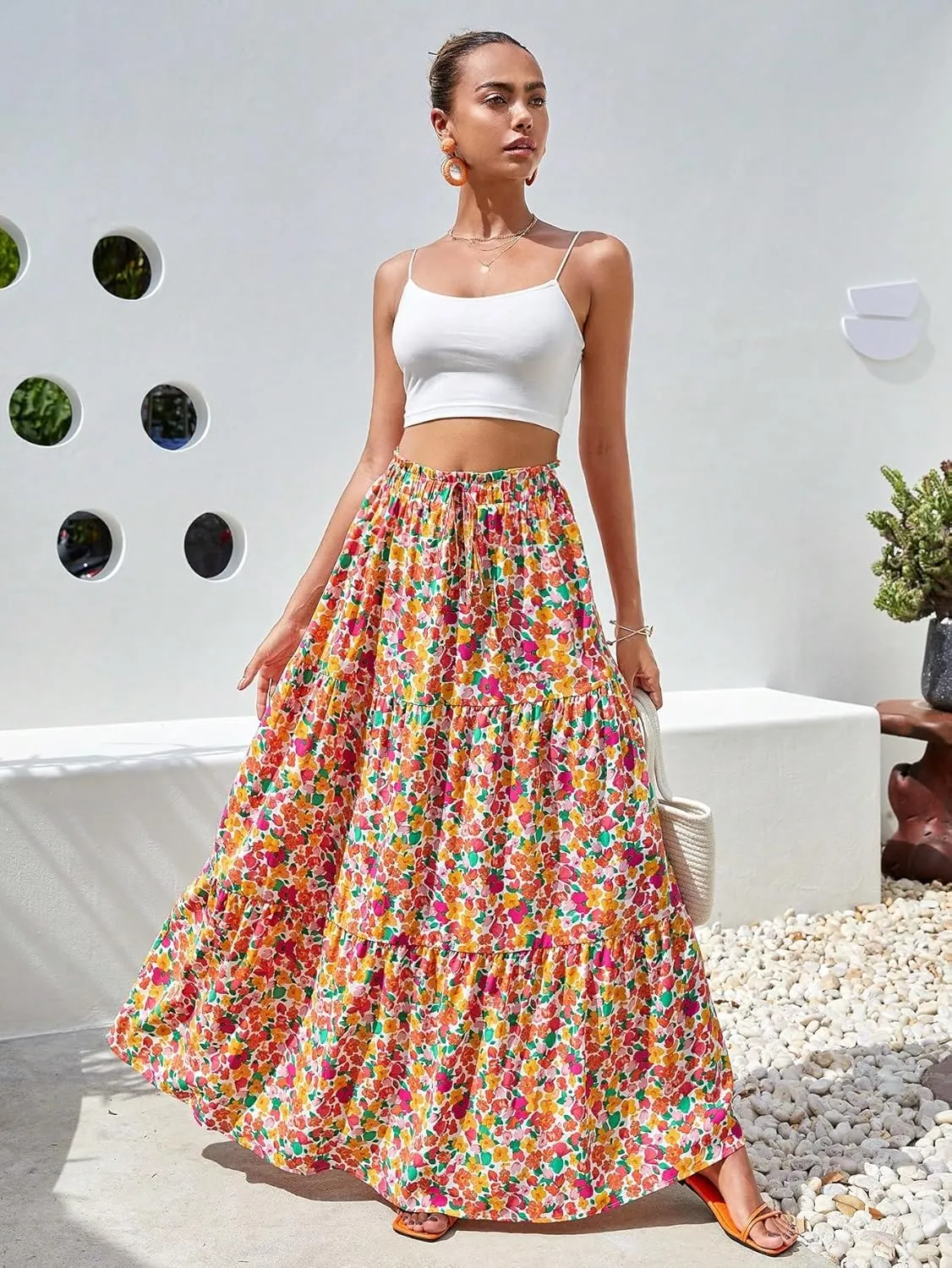 WDIRARA Women's Floral Print Paperbag Waist Tie Front Layered Ruffle Hem Boho Maxi Skirt