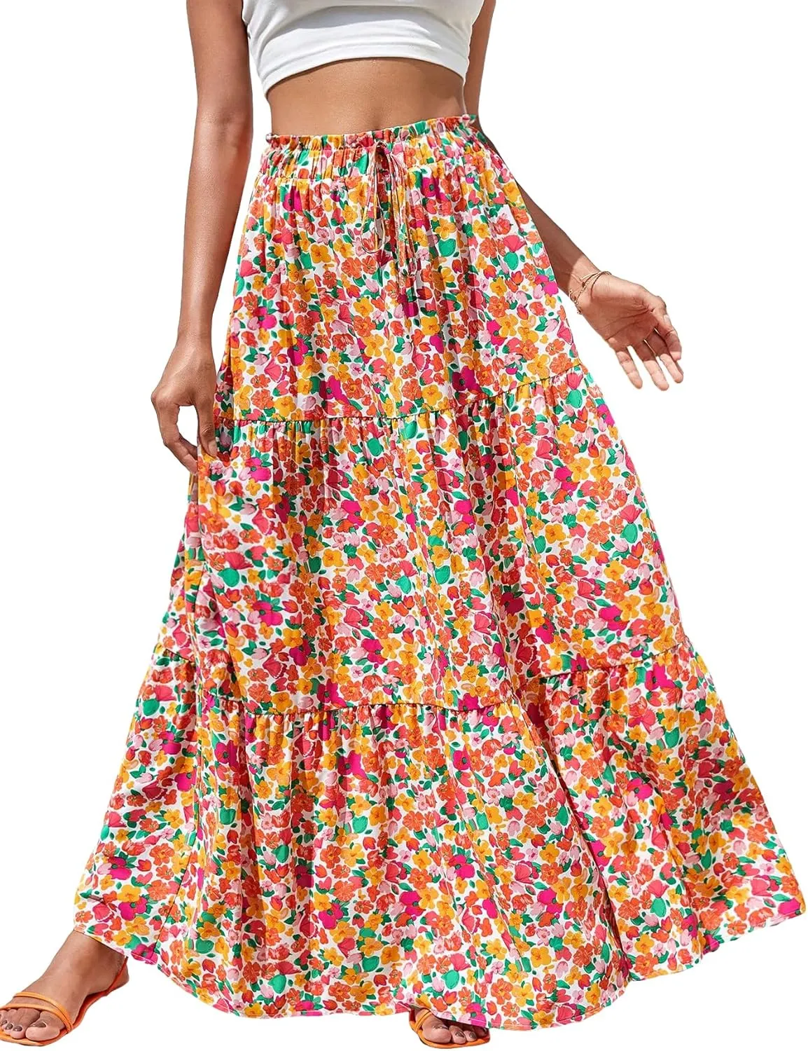 WDIRARA Women's Floral Print Paperbag Waist Tie Front Layered Ruffle Hem Boho Maxi Skirt