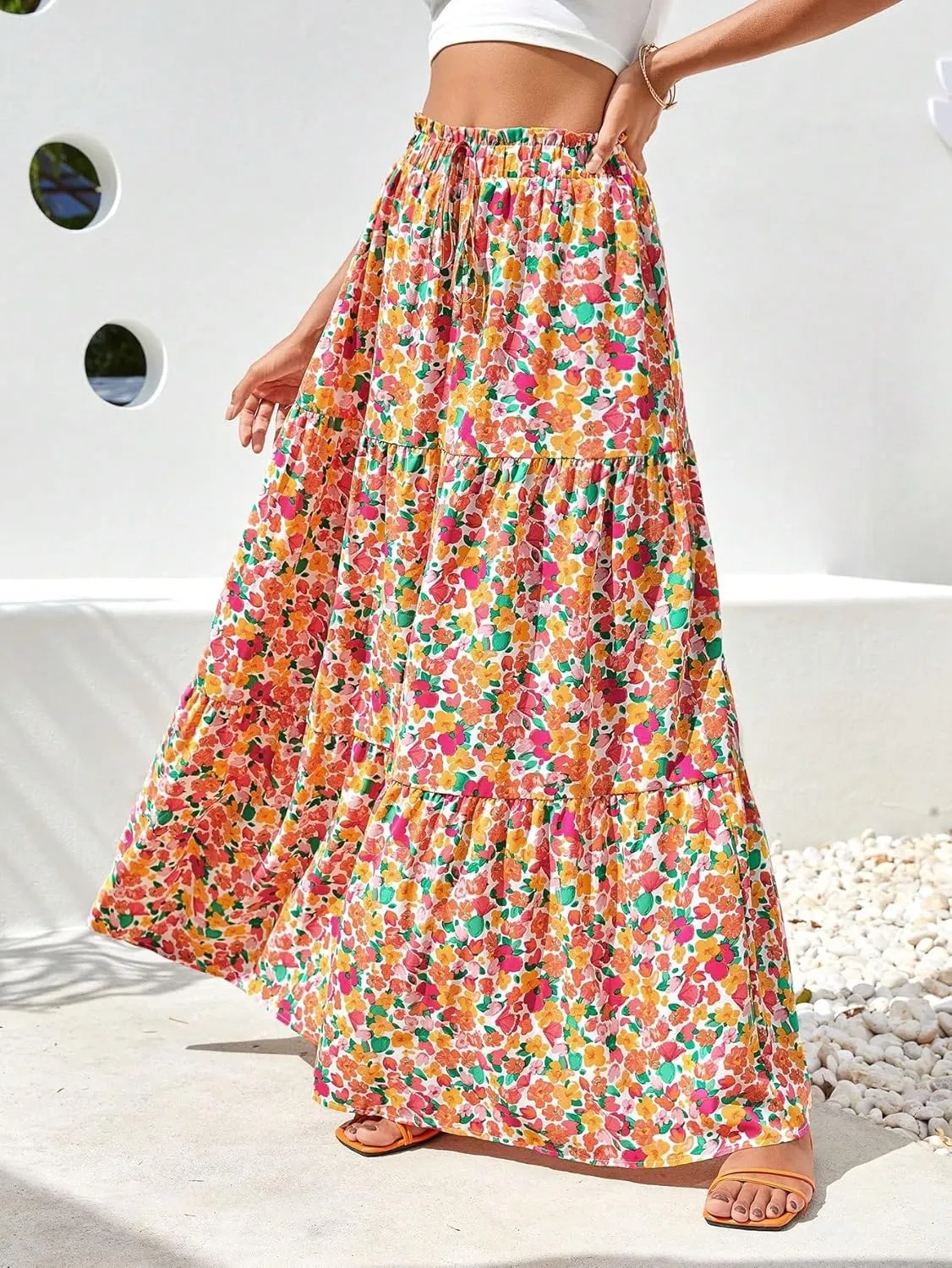 WDIRARA Women's Floral Print Paperbag Waist Tie Front Layered Ruffle Hem Boho Maxi Skirt