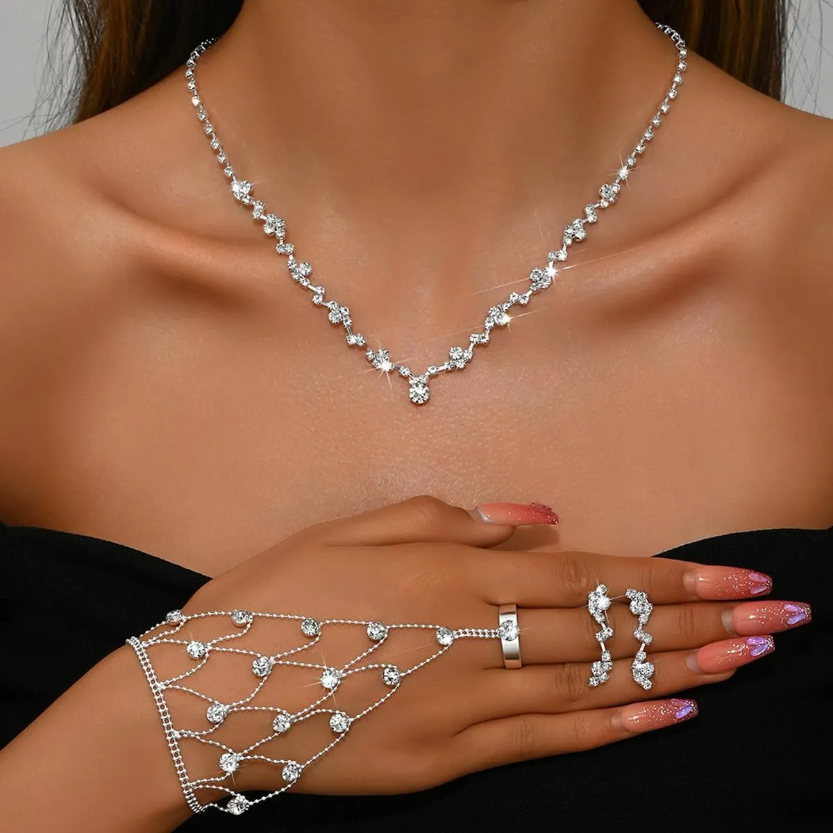Wedding Jewelry Sets for Brides Rhinestone Necklace and Earring Set Bracelet Ring Gold Silver Prom Jewelry Sets Diamond Flower Teardrop Necklace for Women