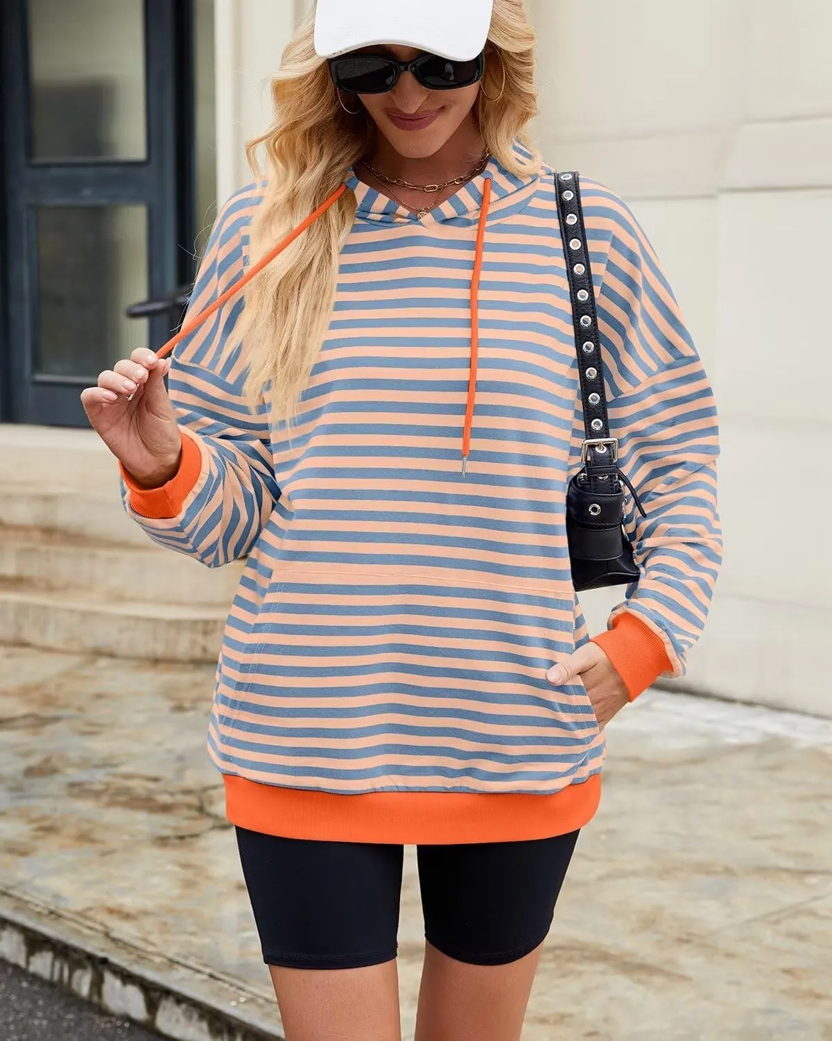 WELINCO Womens Oversized Striped Color Block Sweatshirts Long Sleeve Crewneck Casual Loose Fitting Pullovers Tops Shirts