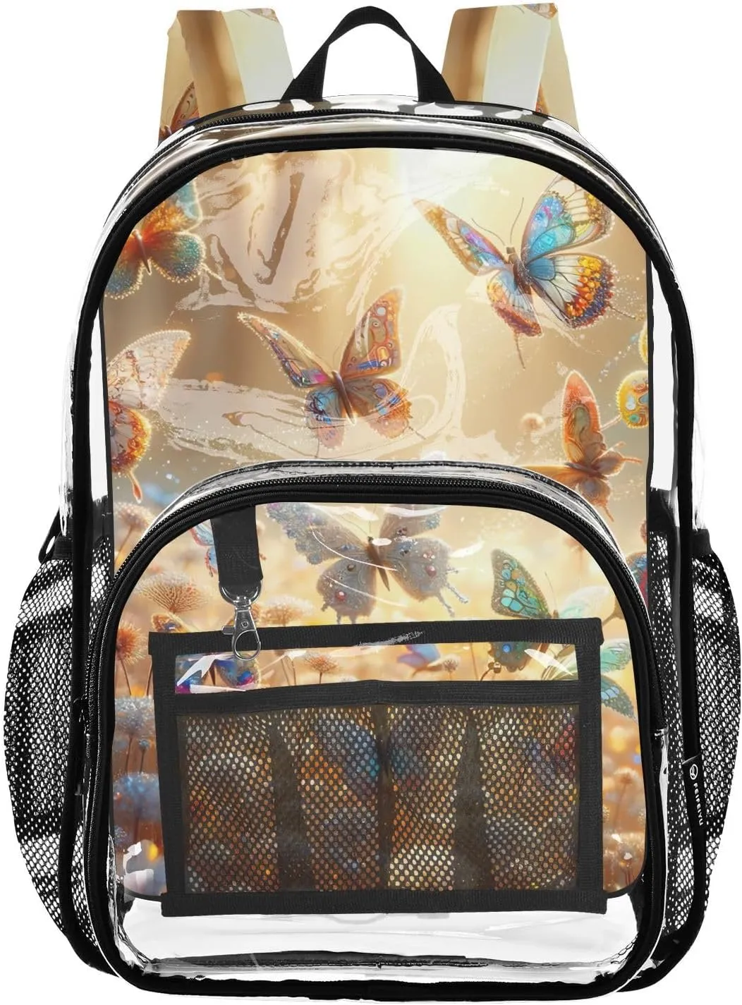Whimsical Butterflies Clear Plastic Backpack - Transparent PVC Heavy Duty Bag with Large Main Pocket and Mesh Pockets - Ideal for School, Travel, Outings - Clear Backpack for Everyday Use