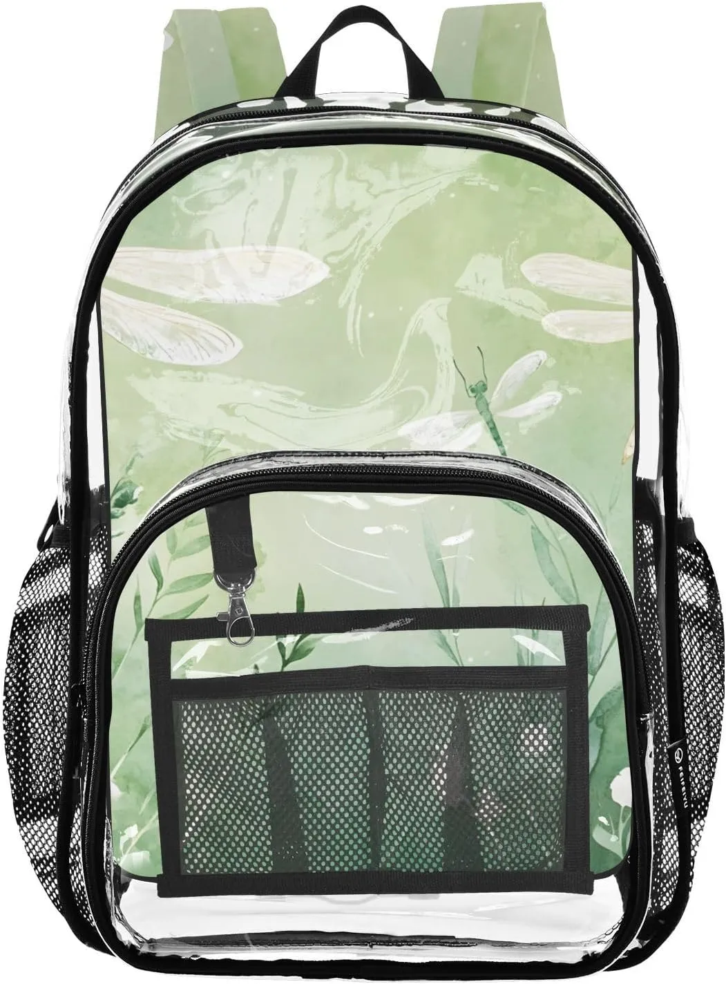 White Dragonflies Clear Plastic Backpack - Transparent PVC Heavy Duty Bag with Large Main Pocket and Mesh Pockets - Ideal for School, Travel, Outings - Clear Backpack for Everyday Use