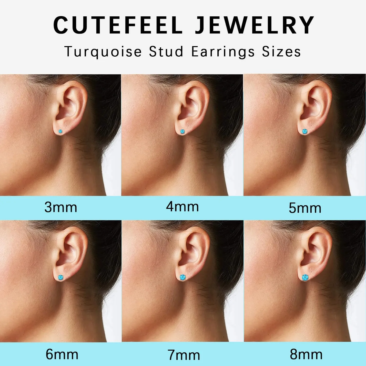 White Gold Plated Sterling Slver Turquoise Stud Earrings 3mm-8mm Options, Simulated Gemstone 4-Prong Studs Hypoallergenic Jewelry