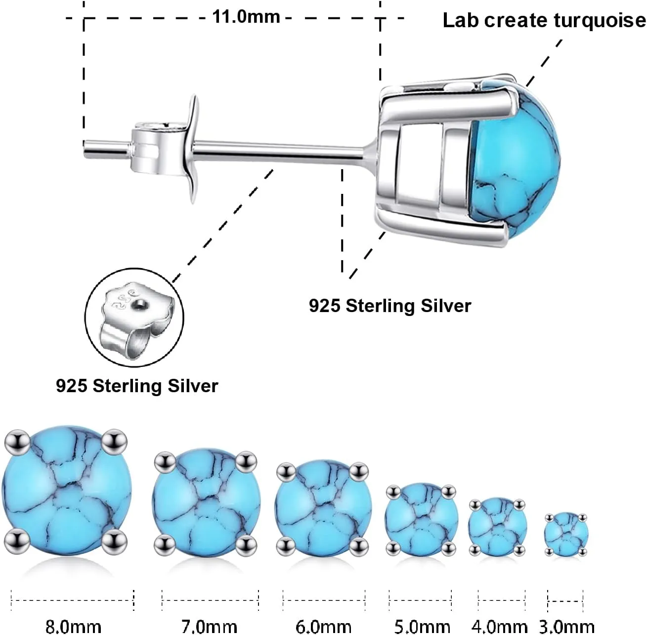 White Gold Plated Sterling Slver Turquoise Stud Earrings 3mm-8mm Options, Simulated Gemstone 4-Prong Studs Hypoallergenic Jewelry