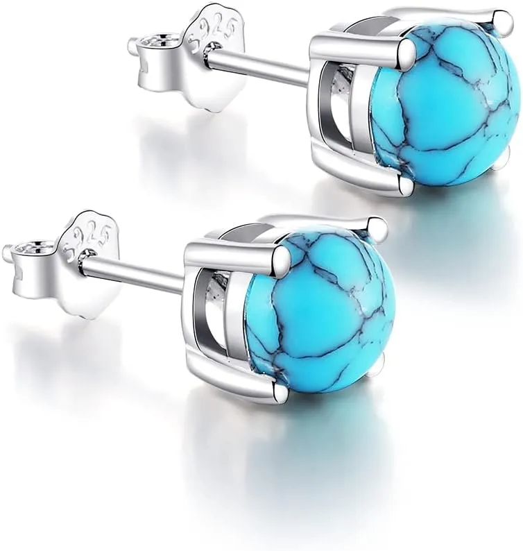 White Gold Plated Sterling Slver Turquoise Stud Earrings 3mm-8mm Options, Simulated Gemstone 4-Prong Studs Hypoallergenic Jewelry
