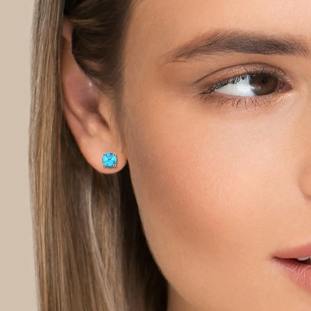 White Gold Plated Sterling Slver Turquoise Stud Earrings 3mm-8mm Options, Simulated Gemstone 4-Prong Studs Hypoallergenic Jewelry