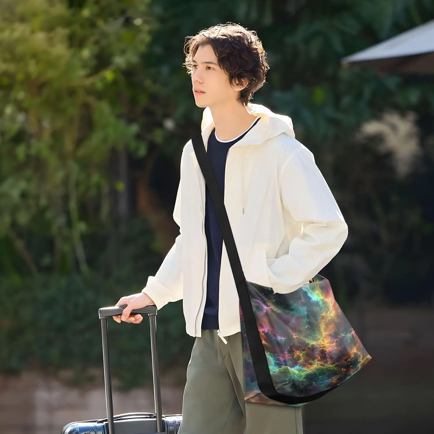 White Tulips Leather Bag with Shoulder Strap, Mens Leather Shoulder Bag, Leather Crossbody Shoulder Bag