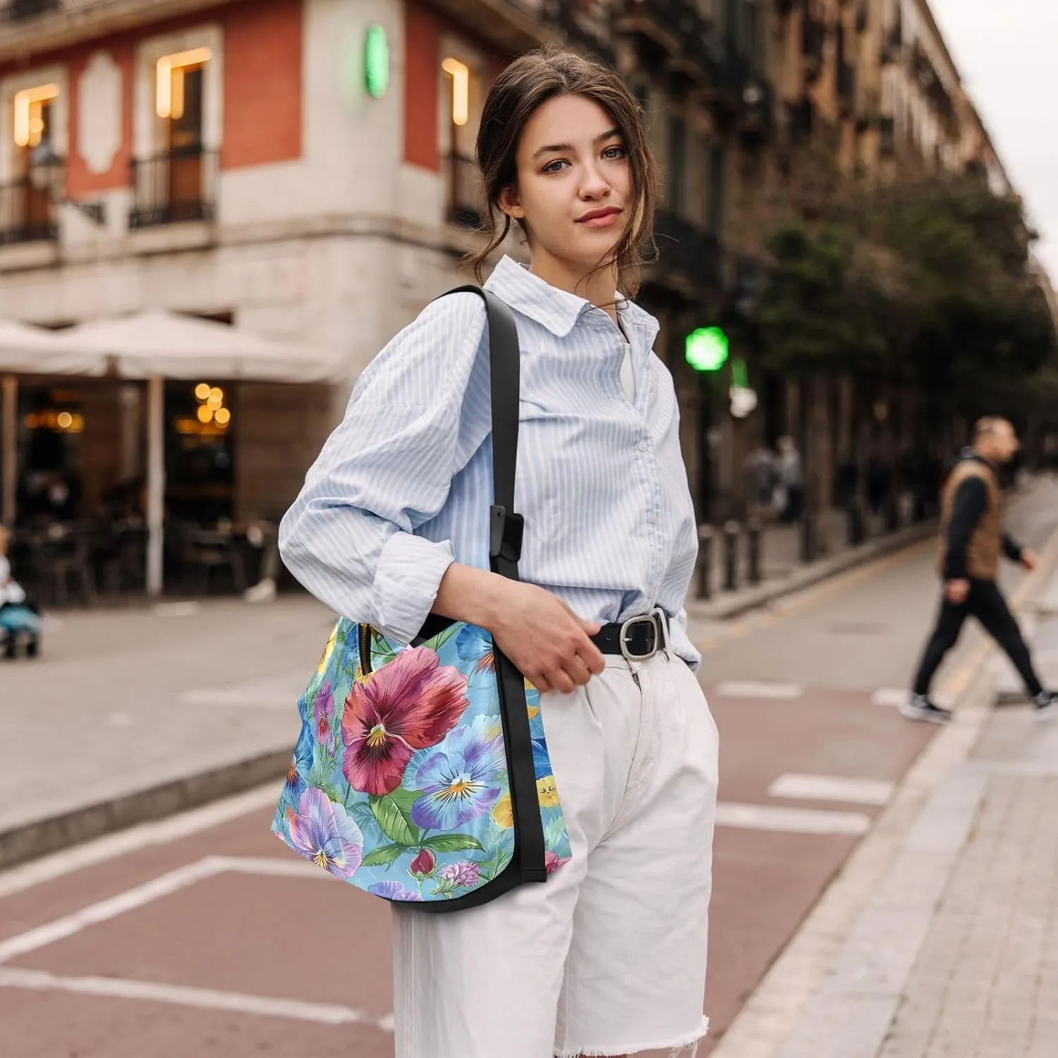 White Tulips Leather Bag with Shoulder Strap, Mens Leather Shoulder Bag, Leather Crossbody Shoulder Bag