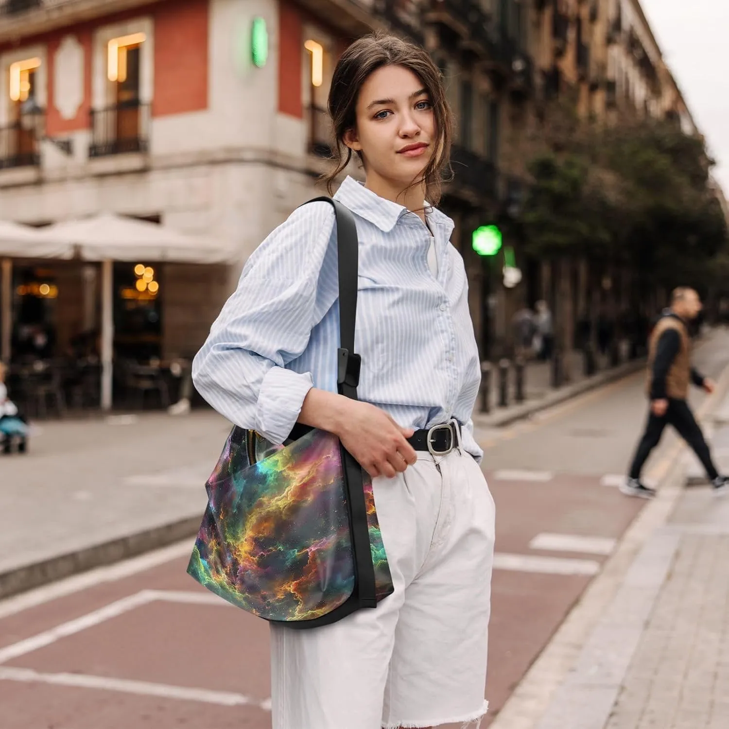 White Tulips Leather Bag with Shoulder Strap, Mens Leather Shoulder Bag, Leather Crossbody Shoulder Bag