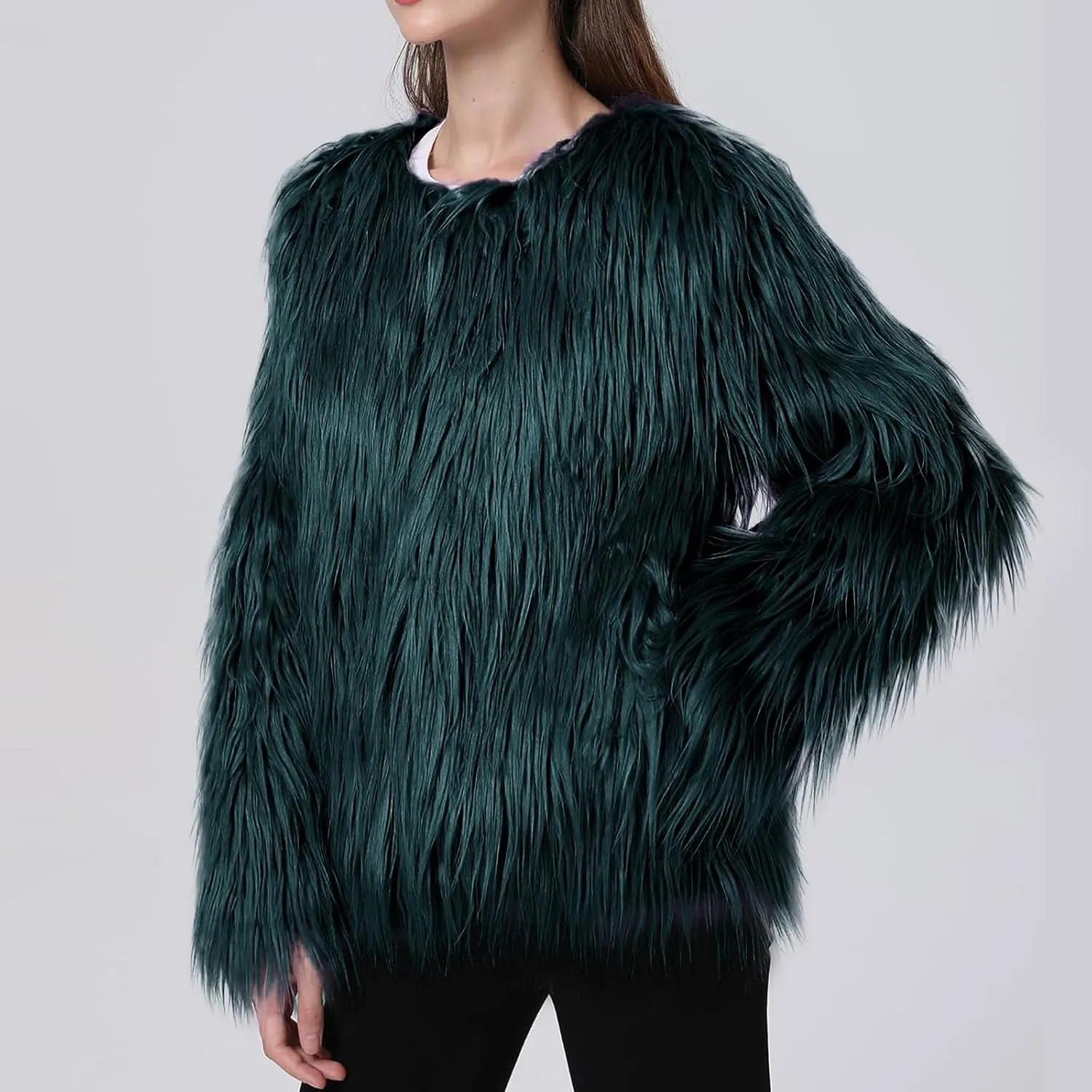 Winter Fuzzy Coats for Women Open Front Faux Fur Fluffy Soft Cardigan Long Sleeve Outwear Vintage Parka Shaggy Jacket