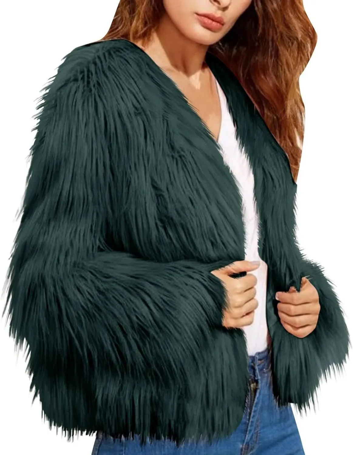 Winter Fuzzy Coats for Women Open Front Faux Fur Fluffy Soft Cardigan Long Sleeve Outwear Vintage Parka Shaggy Jacket