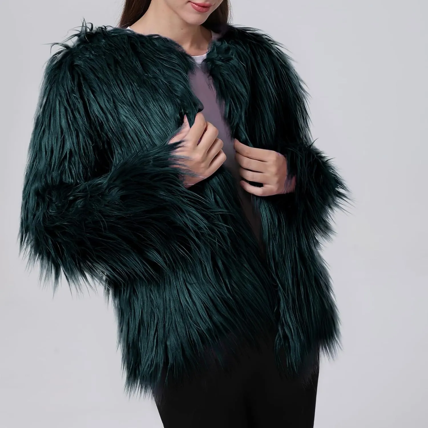Winter Fuzzy Coats for Women Open Front Faux Fur Fluffy Soft Cardigan Long Sleeve Outwear Vintage Parka Shaggy Jacket