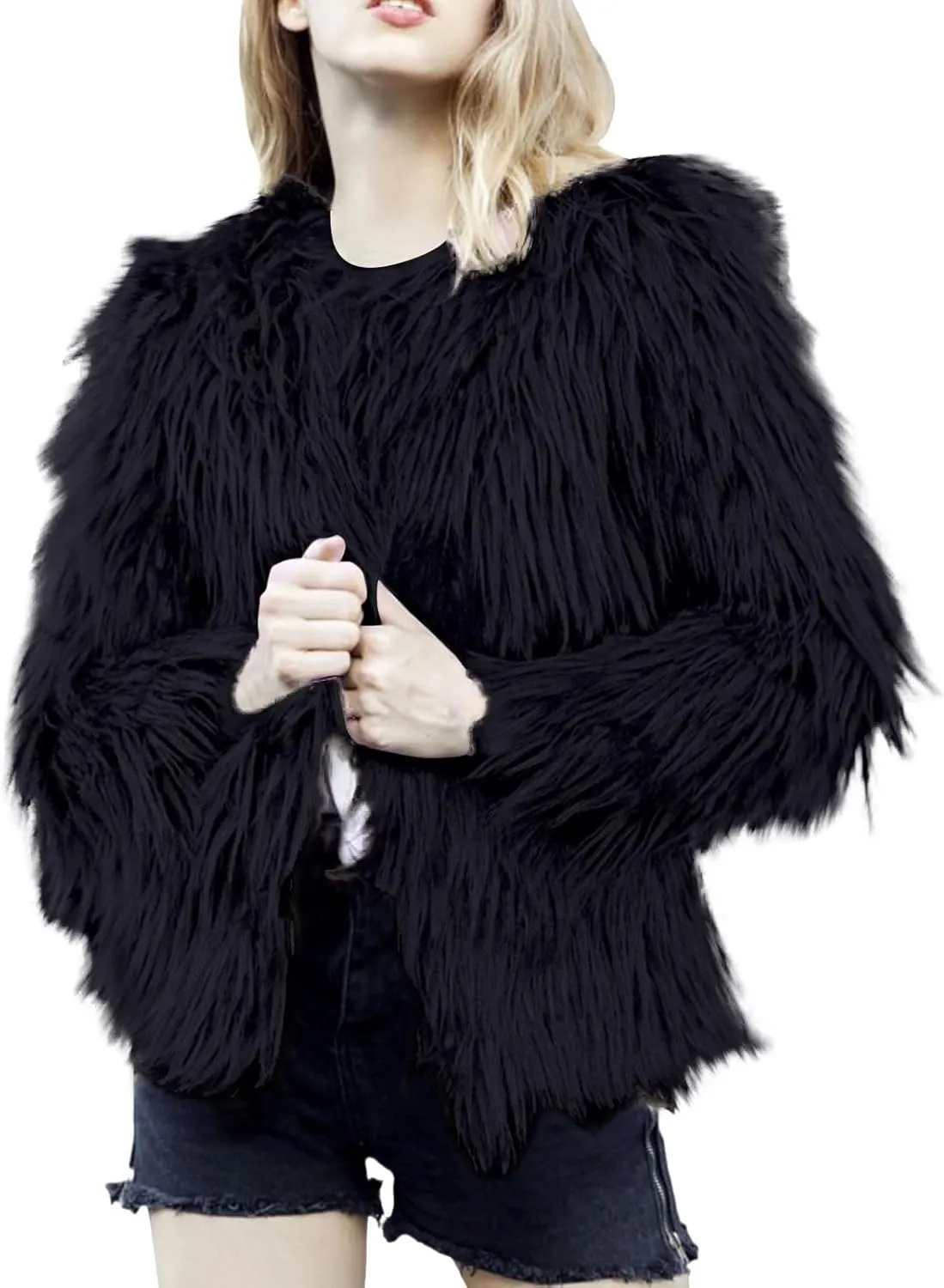 Winter Fuzzy Coats for Women Open Front Faux Fur Fluffy Soft Cardigan Long Sleeve Outwear Vintage Parka Shaggy Jacket
