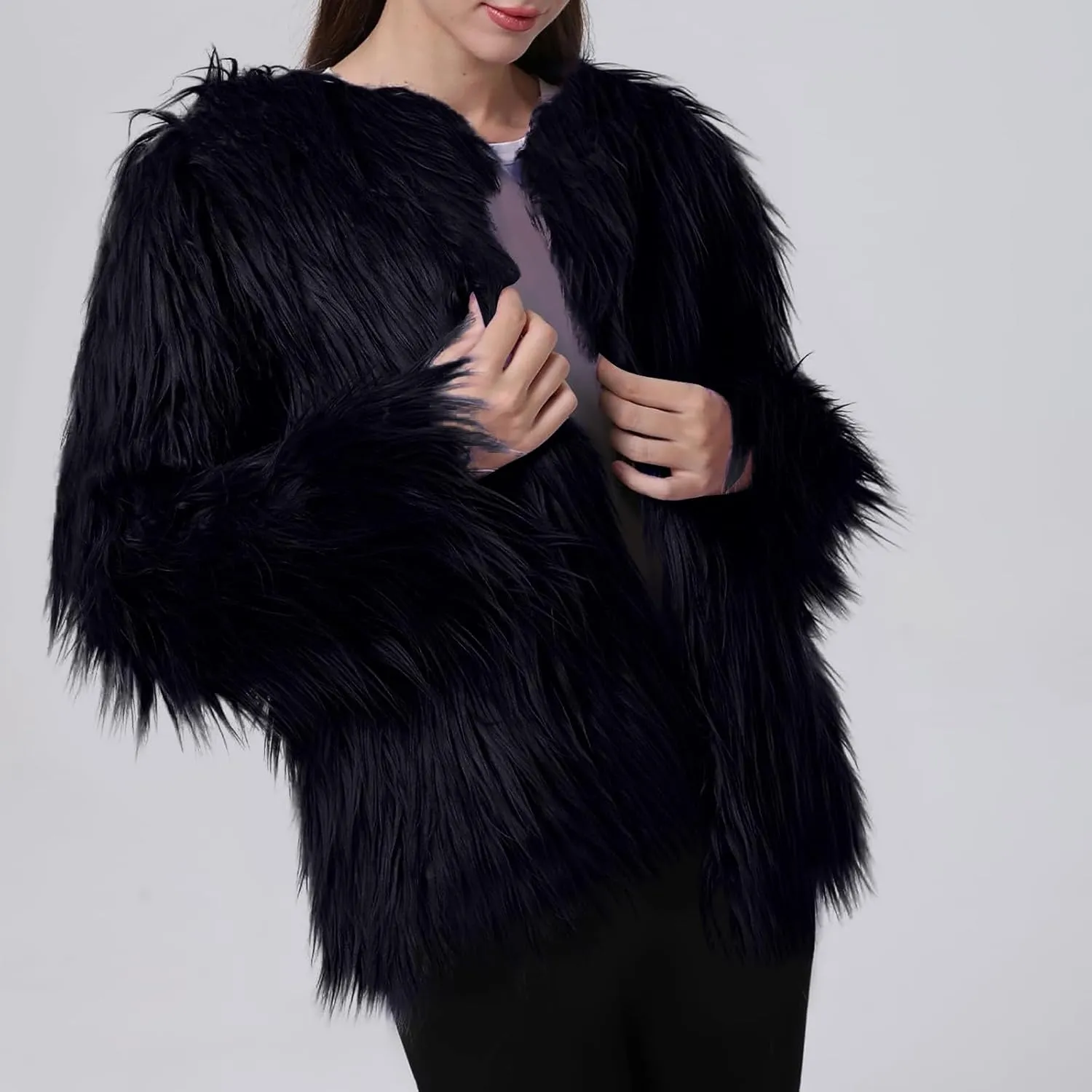 Winter Fuzzy Coats for Women Open Front Faux Fur Fluffy Soft Cardigan Long Sleeve Outwear Vintage Parka Shaggy Jacket