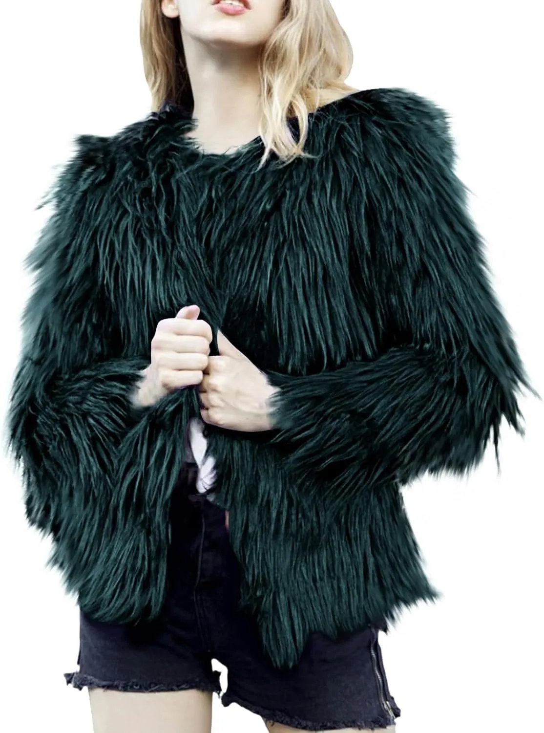 Winter Fuzzy Coats for Women Open Front Faux Fur Fluffy Soft Cardigan Long Sleeve Outwear Vintage Parka Shaggy Jacket