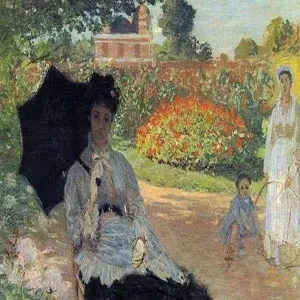 Woman with an umbrella sits in garden as a nanny watches over a small boy Poster Print by Claude Monet (24 x 36)