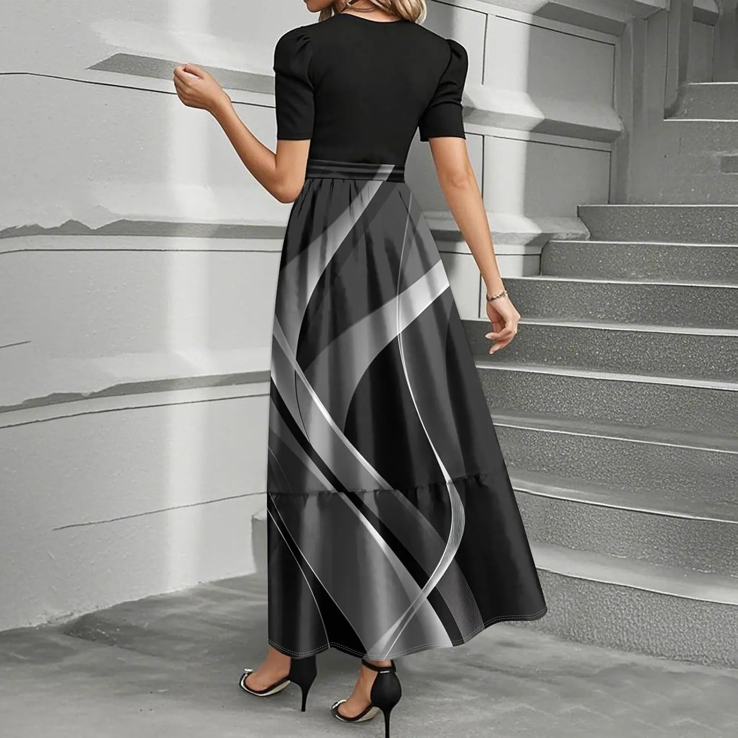 Women 2025 Casual Short Sleeves Elegant Maxi Dress with Belted Waist Crew Neck Flowy Boho Dress