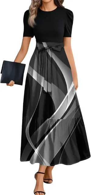 Women 2025 Casual Short Sleeves Elegant Maxi Dress with Belted Waist Crew Neck Flowy Boho Dress