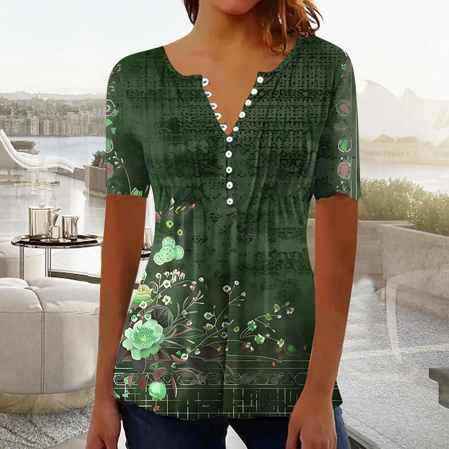 Women 2025 Spring Blouses Tops Floral Short Sleeve Boho T Shirts Dressy Casual Tunic Beach Vacation Ladies Clothing
