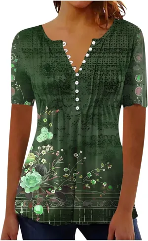 Women 2025 Spring Blouses Tops Floral Short Sleeve Boho T Shirts Dressy Casual Tunic Beach Vacation Ladies Clothing