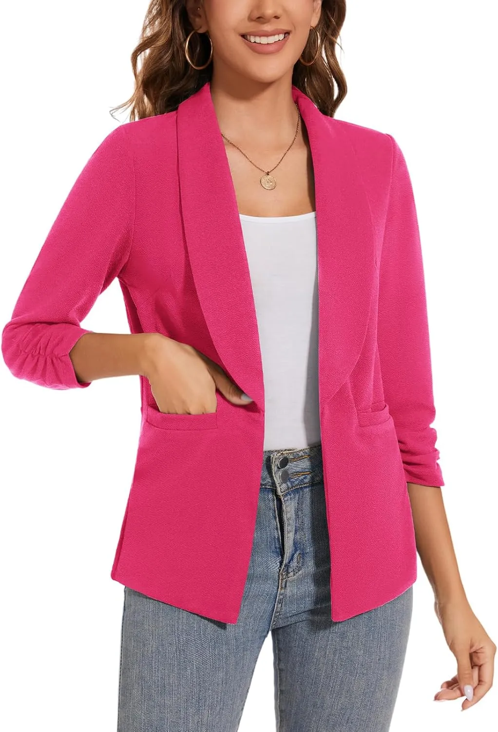 Women Casual Shawl Lapel Work Blazer Ruched 3/4 Sleeve Open Front Business Office Suit Jackets with Pockets
