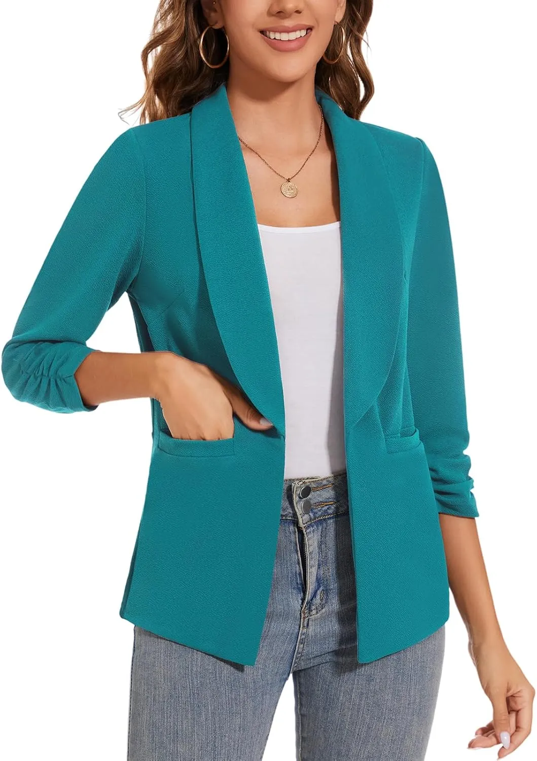 Women Casual Shawl Lapel Work Blazer Ruched 3/4 Sleeve Open Front Business Office Suit Jackets with Pockets