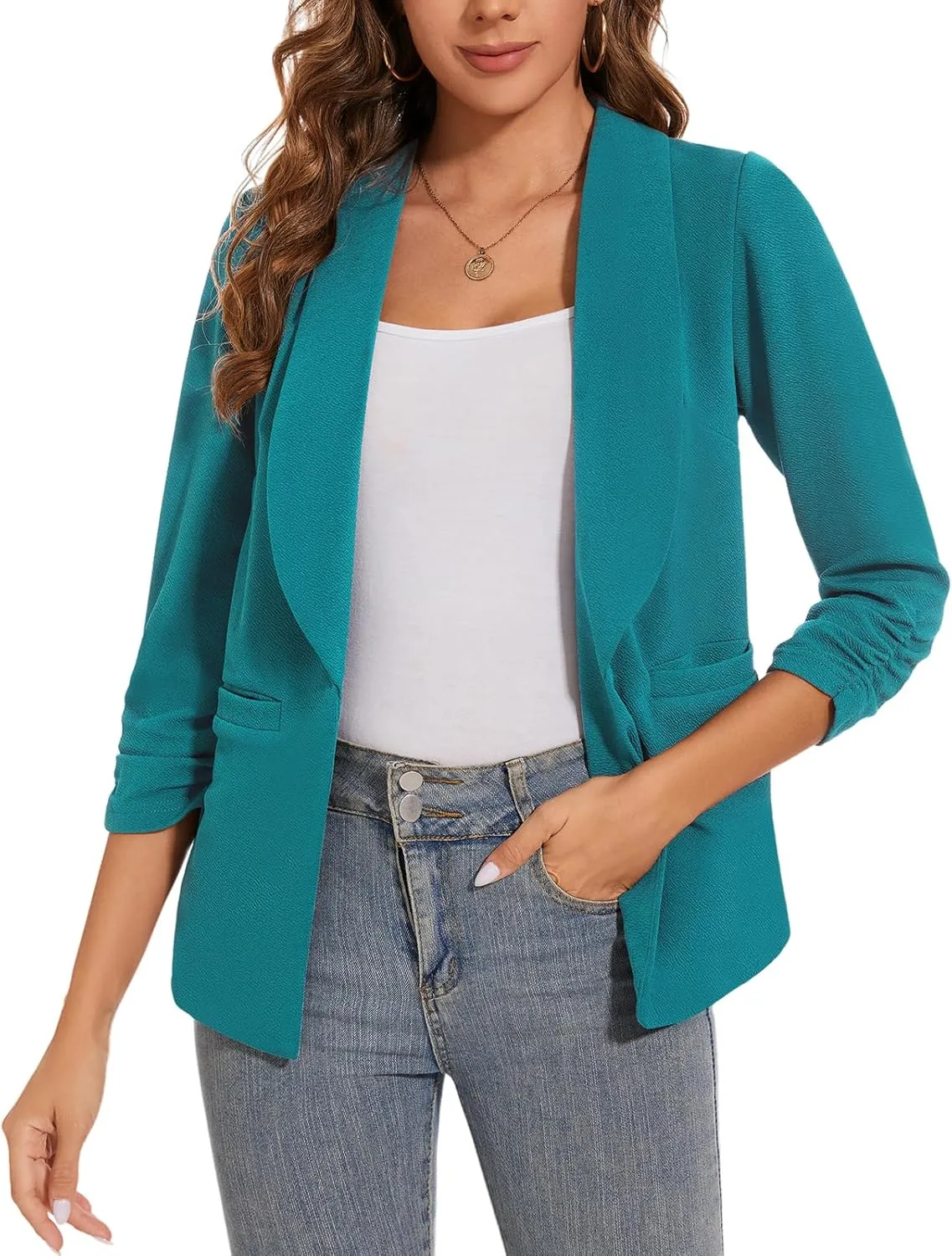 Women Casual Shawl Lapel Work Blazer Ruched 3/4 Sleeve Open Front Business Office Suit Jackets with Pockets