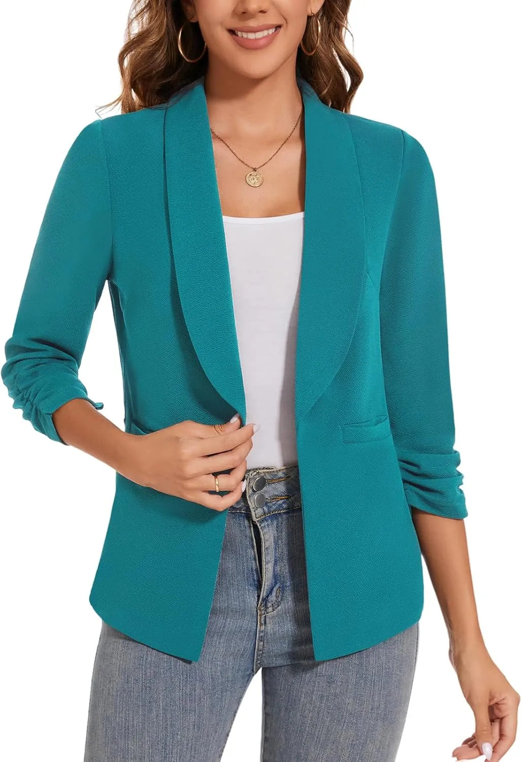 Women Casual Shawl Lapel Work Blazer Ruched 3/4 Sleeve Open Front Business Office Suit Jackets with Pockets